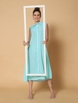 Sea & Mast - Relaxed Fit Solid Georgette Gown, Collared Button Closure Calf Length, Light Blue, Custom