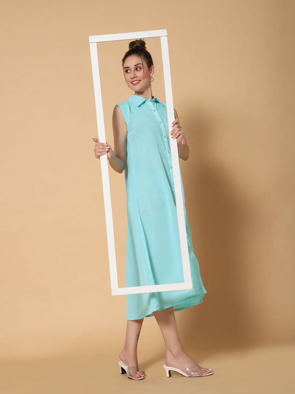 Sea & Mast - Relaxed Fit Solid Georgette Gown, Collared Button Closure Calf Length, Light Blue, Custom