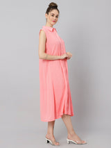 Sea & Mast - Relaxed Fit Solid Georgette Gown, Collared Button Closure Calf Length, Light Pink, Custom