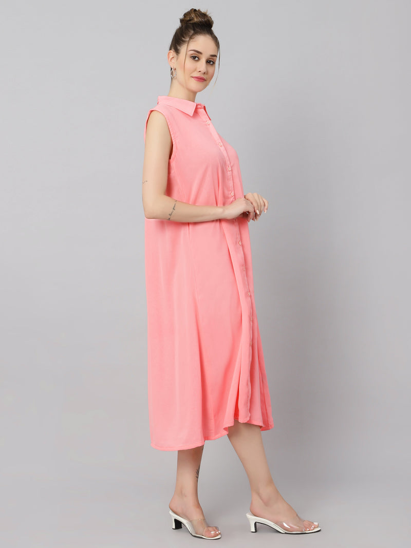 Sea & Mast - Relaxed Fit Solid Georgette Gown, Collared Button Closure Calf Length, Light Pink, Custom