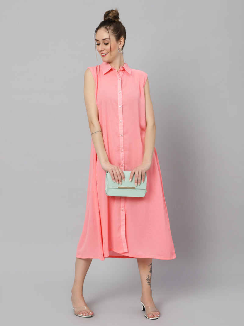 Sea & Mast - Relaxed Fit Solid Georgette Gown, Collared Button Closure Calf Length, Light Pink, Plus Size