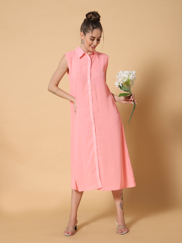 Sea & Mast - Relaxed Fit Solid Georgette Gown, Collared Button Closure Calf Length, Light Pink