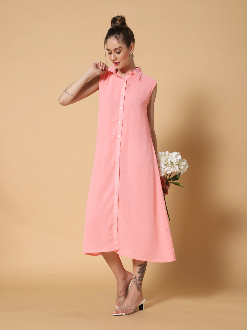Sea & Mast - Relaxed Fit Solid Georgette Gown, Collared Button Closure Calf Length, Light Pink