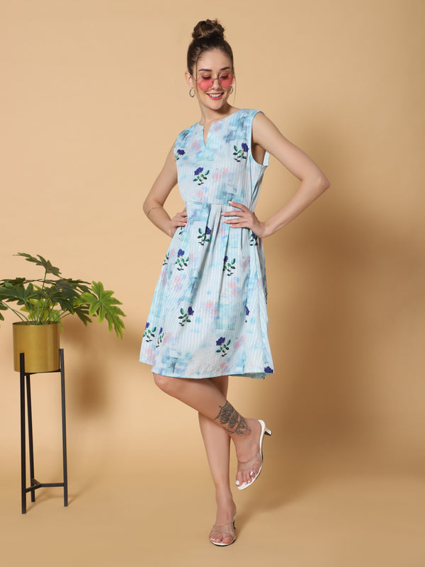 Sea & Mast - Regular Fit Floral Cotton Blend Flare Dress, V- Neck Knee Length, Light Blue