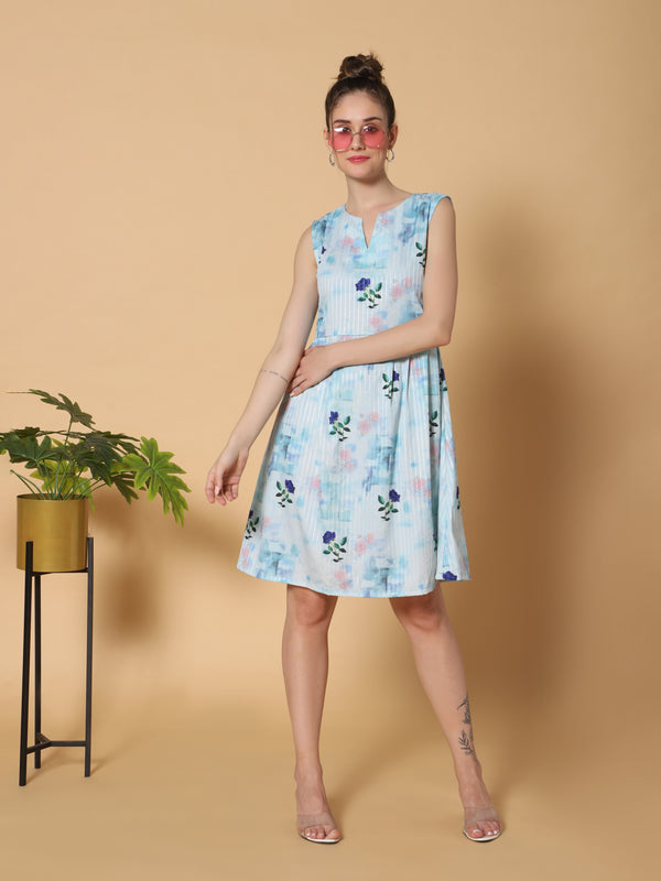Sea & Mast - Regular Fit Floral Cotton Blend Flare Dress, V- Neck Knee Length, Light Blue