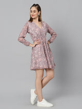 Sea & Mast - Regular Fit Floral Georgette Flare Dress, V- Neck Mid Thigh Length, Light Brown