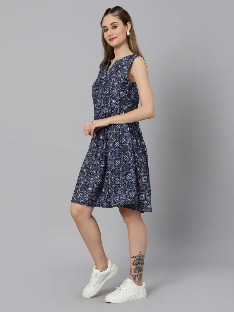 Sea & Mast - Regular Fit Geometric Print Cotton Flare Dress, V- Neck Knee Length, Dark Blue