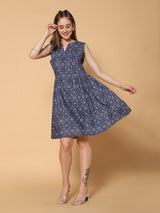 Sea & Mast - Regular Fit Geometric Print Cotton Flare Dress, V- Neck Knee Length, Dark Blue
