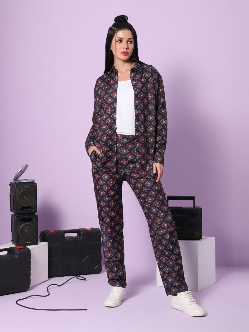 Sea & Mast - Regular Fit Geometric Print Cotton Cord Set, Collared Button Closure Waist Length With Elasticated Waist Pant, Black, Plus Size