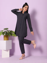 Sea & Mast - Regular Fit Solid Cotton Blend Shirt Kurti Set, Collared Button Closure Knee Length, Dark Blue, Custom