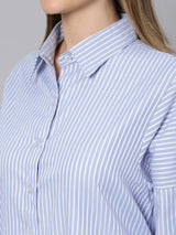 Sea & Mast - Regular Fit Striped Cotton Blend Shirt Kurti, Collared Button Closure Mid Thigh Length, Skyblue