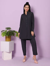 Sea & Mast - Regular Fit Solid Cotton Blend Shirt Kurti Set, Collared Button Closure Knee Length, Dark Blue, Custom