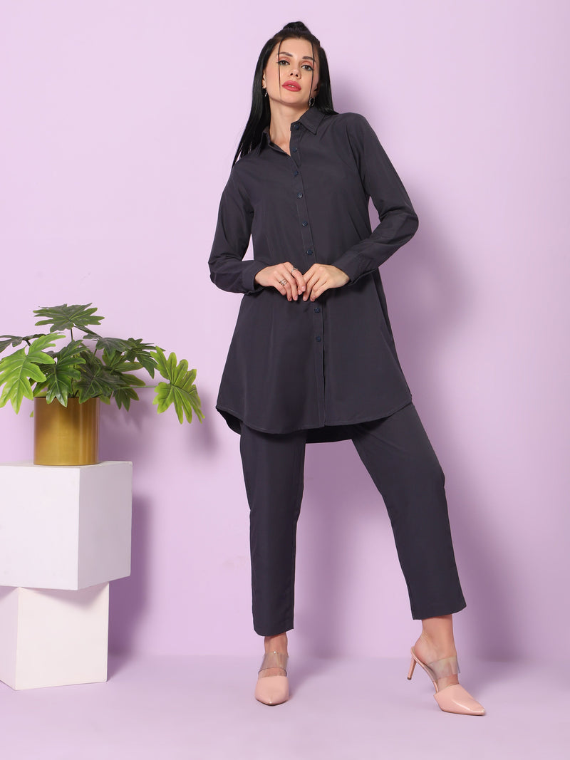 Sea & Mast - Regular Fit Solid Cotton Blend Shirt Kurti Set, Collared Button Closure Knee Length, Dark Blue, Plus Size