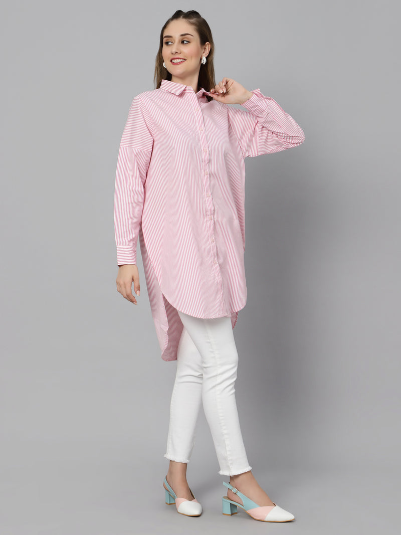 Sea & Mast - Regular Fit Striped Cotton Blend Shirt Kurti, Collared Button Closure Mid Thigh Length, Light Pink