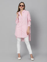 Sea & Mast - Regular Fit Striped Cotton Blend Shirt Kurti, Collared Button Closure Mid Thigh Length, Light Pink
