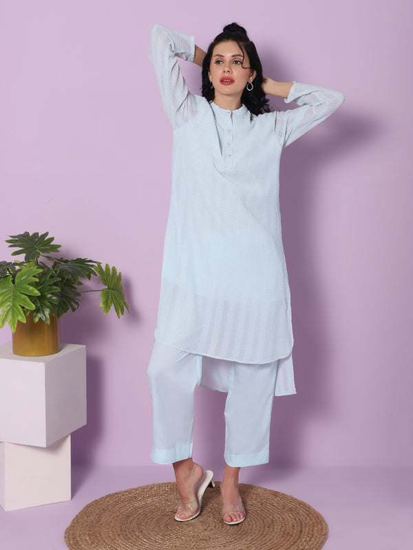 Sea & Mast - Relaxed Fit Solid Textured Georgette Kurti Set, Collared Button Closure Knee Length, Light Blue