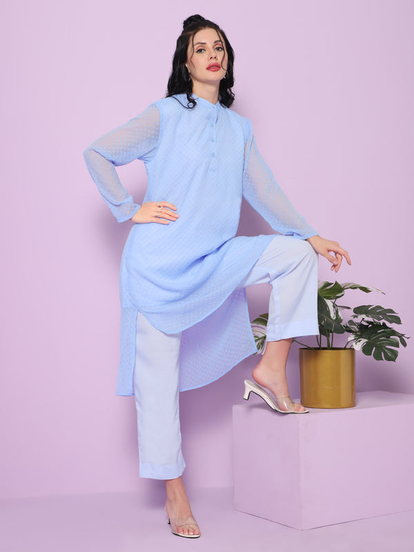 Sea & Mast - Relaxed Fit Solid Textured Georgette Kurti Set, Collared Button Closure Knee Length, Blue