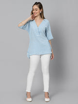 Sea & Mast - Regular Fit Checkered Poly Blend Tunic Short Kurti, V-Neck, Waist Length, Skyblue, Custom