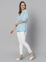 Sea & Mast - Regular Fit Checkered Poly Blend Tunic Short Kurti, V-Neck, Waist Length, Skyblue