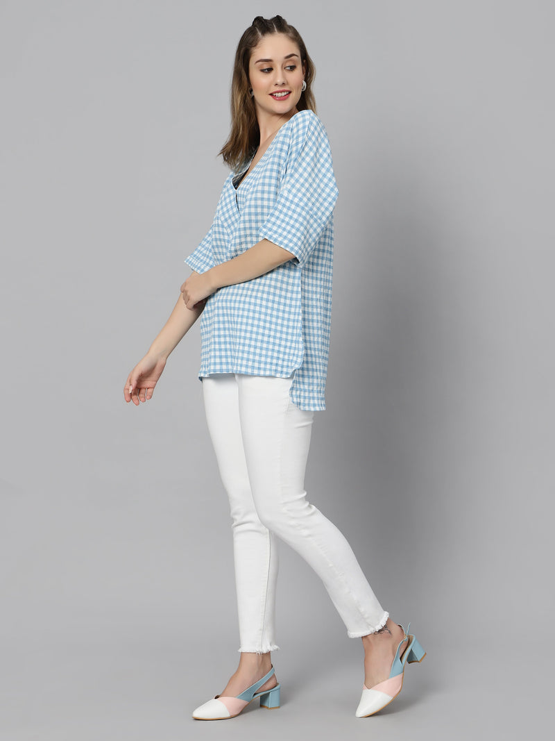 Sea & Mast - Regular Fit Checkered Poly Blend Tunic Short Kurti, V-Neck, Waist Length, Skyblue, Custom