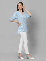 Sea & Mast - Regular Fit Checkered Poly Blend Tunic Short Kurti, V-Neck, Waist Length, Skyblue, Custom