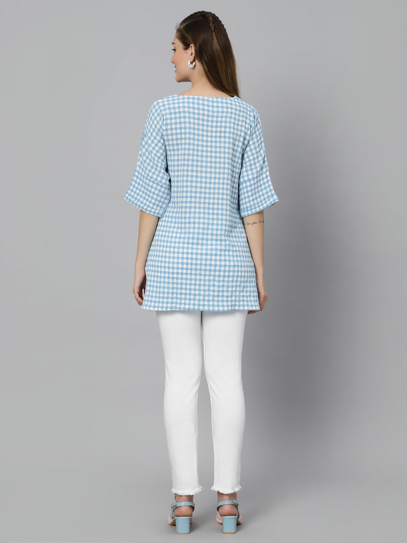 Sea & Mast - Regular Fit Checkered Poly Blend Tunic Short Kurti, V-Neck, Waist Length, Skyblue, Custom