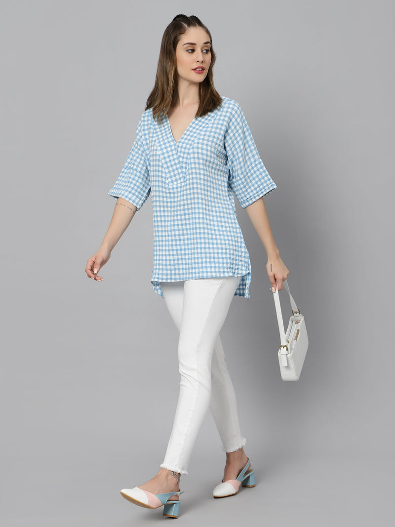 Sea & Mast - Regular Fit Checkered Poly Blend Tunic Short Kurti, V-Neck, Waist Length, Skyblue, Plus Size