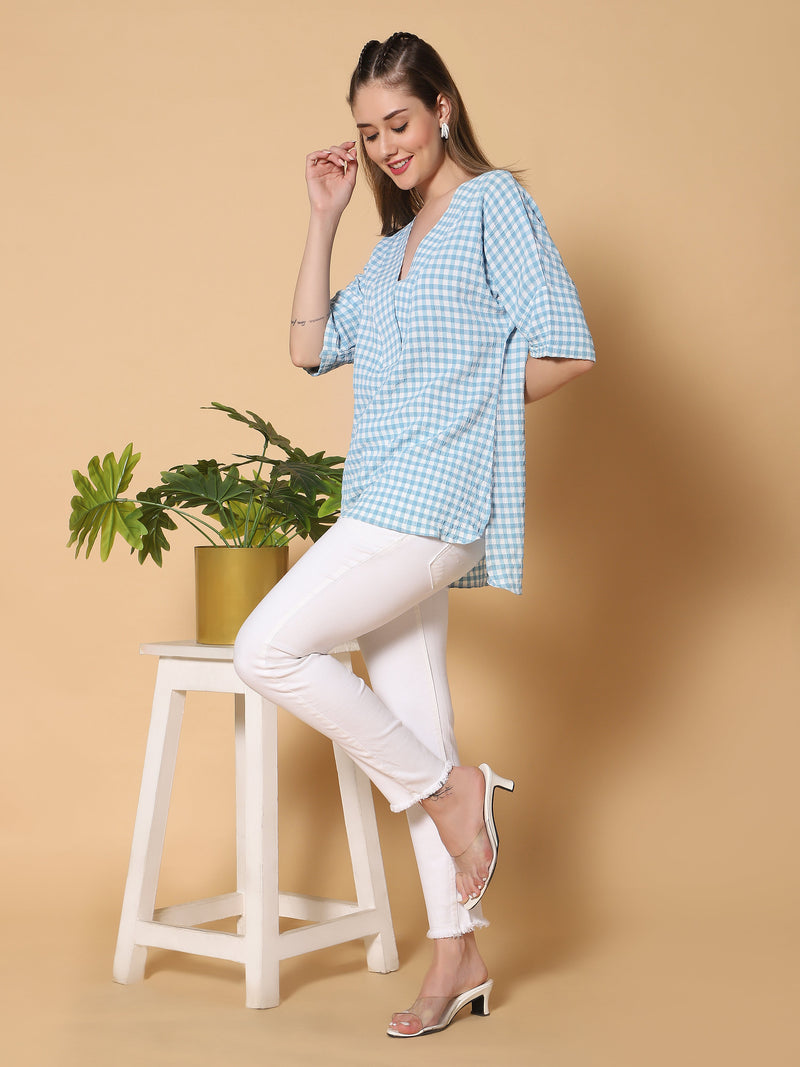 Sea & Mast - Regular Fit Checkered Poly Blend Tunic Short Kurti, V-Neck, Waist Length, Skyblue, Plus Size