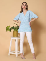 Sea & Mast - Regular Fit Checkered Poly Blend Tunic Short Kurti, V-Neck, Waist Length, Skyblue, Plus Size