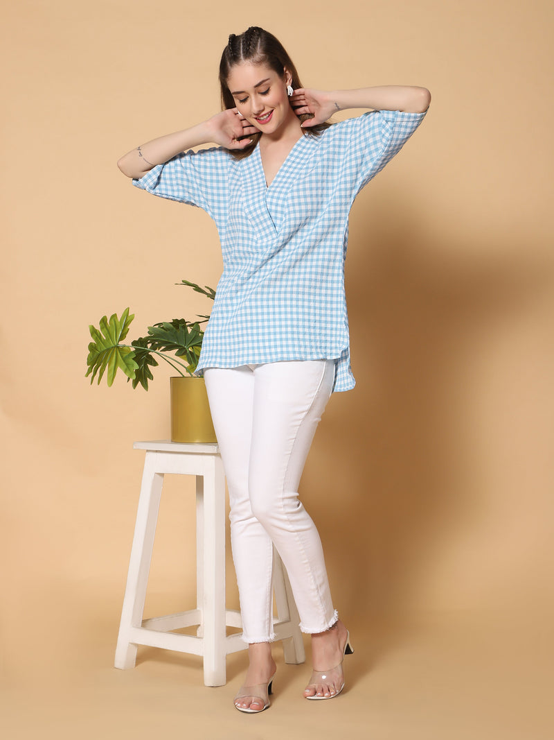 Sea & Mast - Regular Fit Checkered Poly Blend Tunic Short Kurti, V-Neck, Waist Length, Skyblue, Plus Size