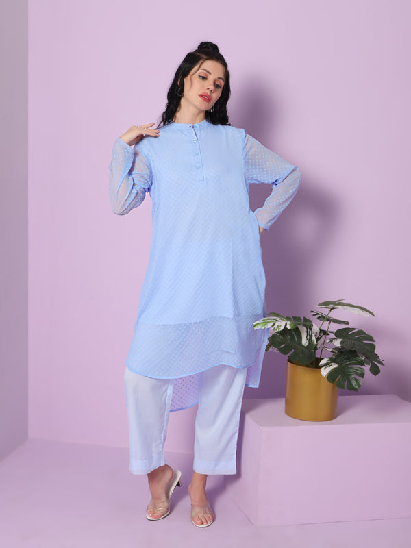 Sea & Mast - Relaxed Fit Solid Textured Georgette Kurti Set, Collared Button Closure Knee Length, Blue