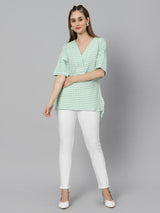 Sea & Mast - Regular Fit Checkered Poly Blend Tunic Short Kurti, V-Neck, Waist Length, Light Green