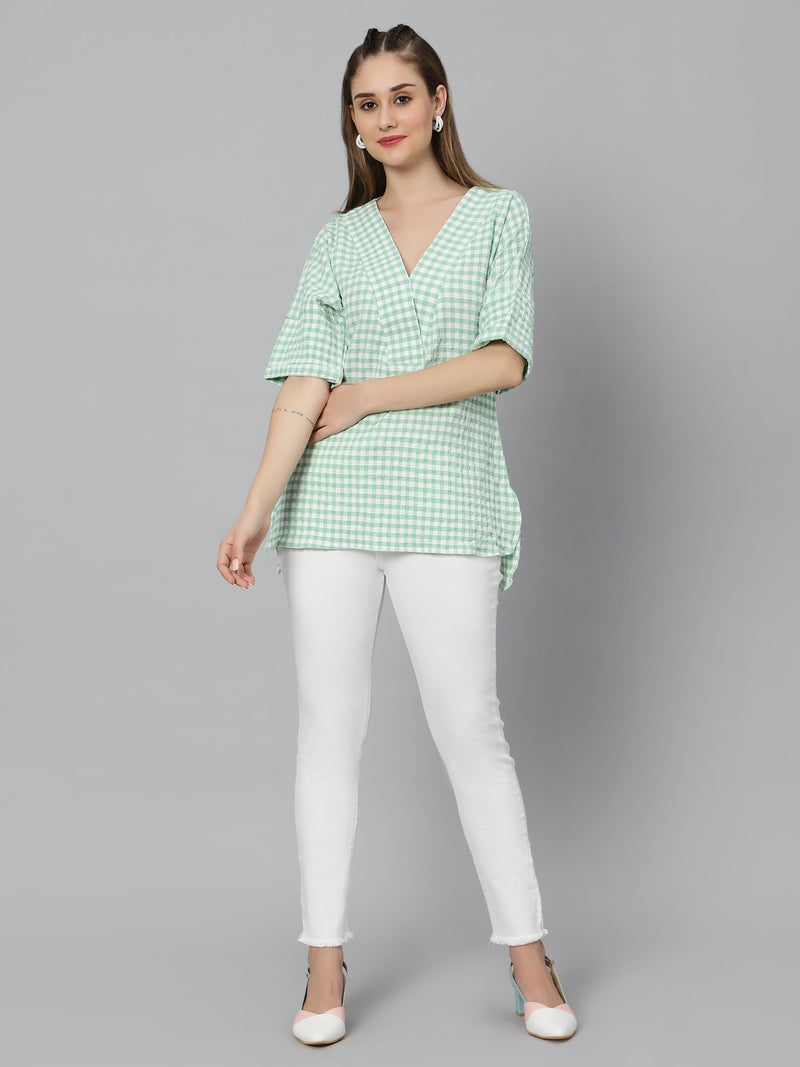 Sea & Mast - Regular Fit Checkered Poly Blend Tunic Short Kurti, V-Neck, Waist Length, Light Green, Plus Size