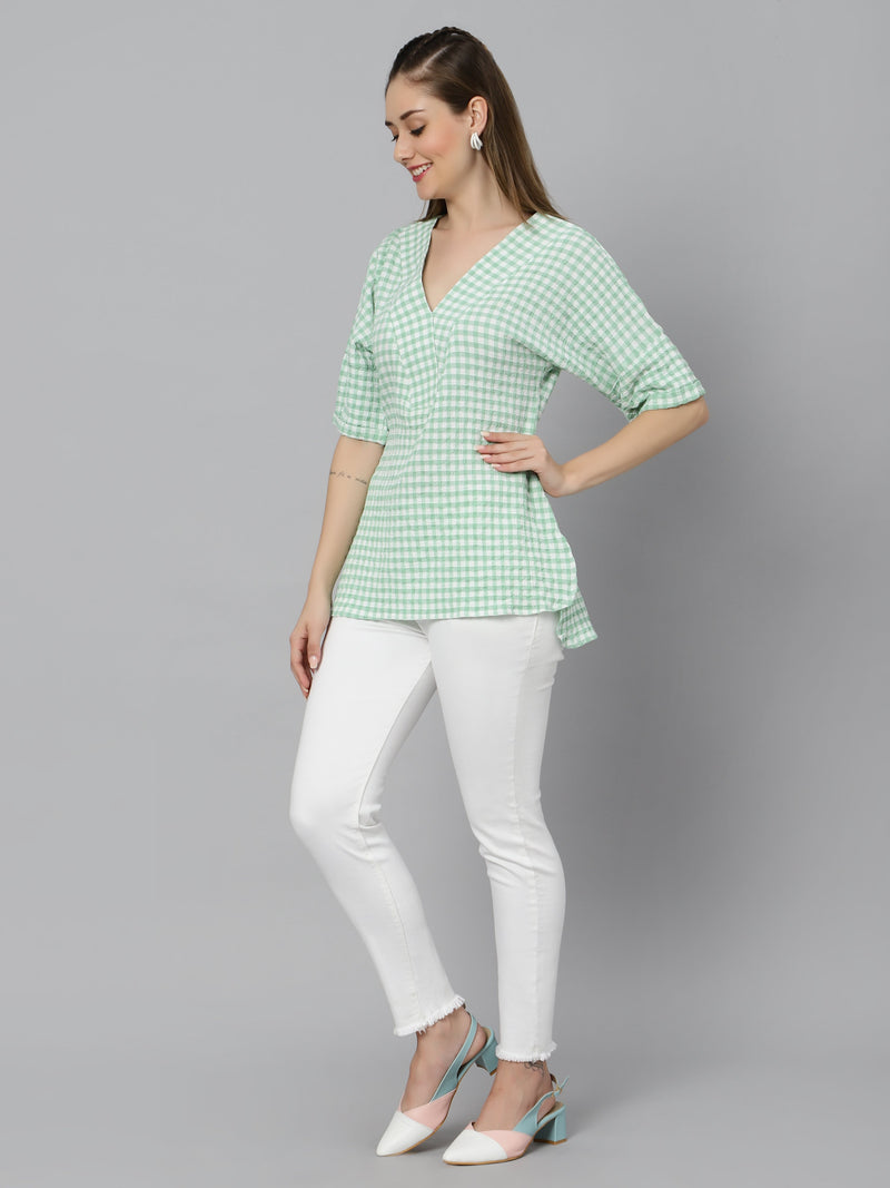 Sea & Mast - Regular Fit Checkered Poly Blend Tunic Short Kurti, V-Neck, Waist Length, Light Green, Custom