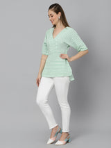 Sea & Mast - Regular Fit Checkered Poly Blend Tunic Short Kurti, V-Neck, Waist Length, Light Green, Plus Size