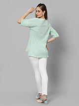 Sea & Mast - Regular Fit Checkered Poly Blend Tunic Short Kurti, V-Neck, Waist Length, Light Green, Plus Size