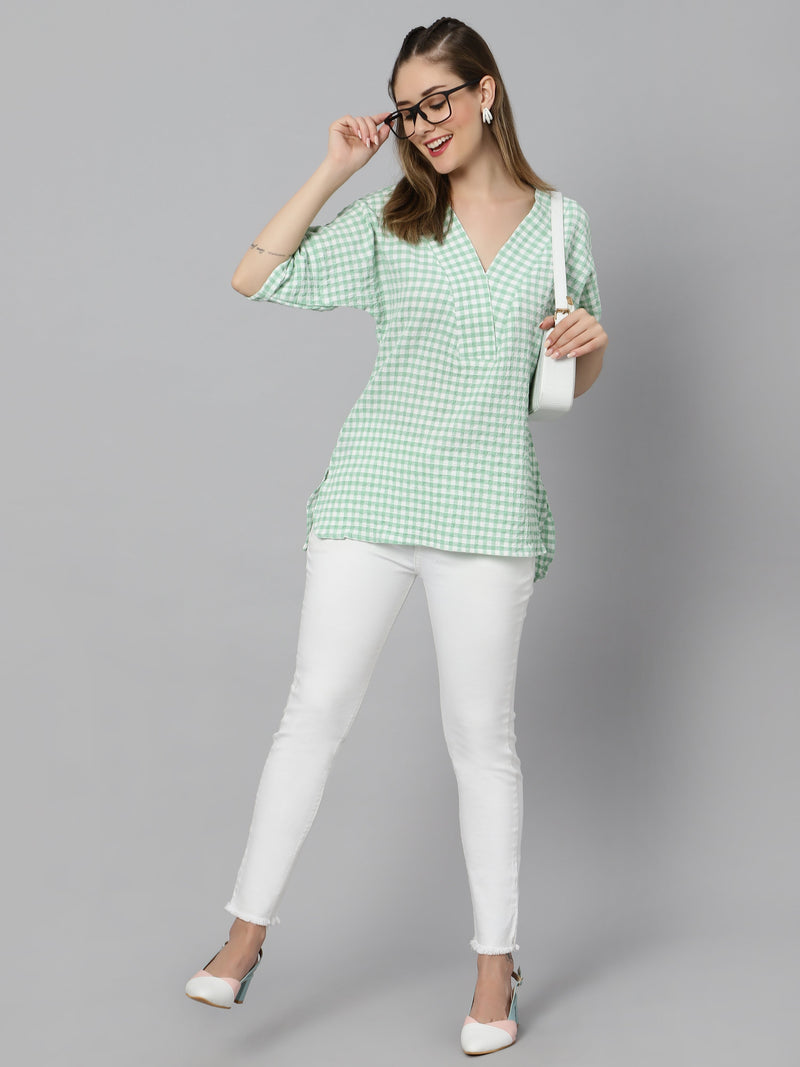 Sea & Mast - Regular Fit Checkered Poly Blend Tunic Short Kurti, V-Neck, Waist Length, Light Green, Plus Size