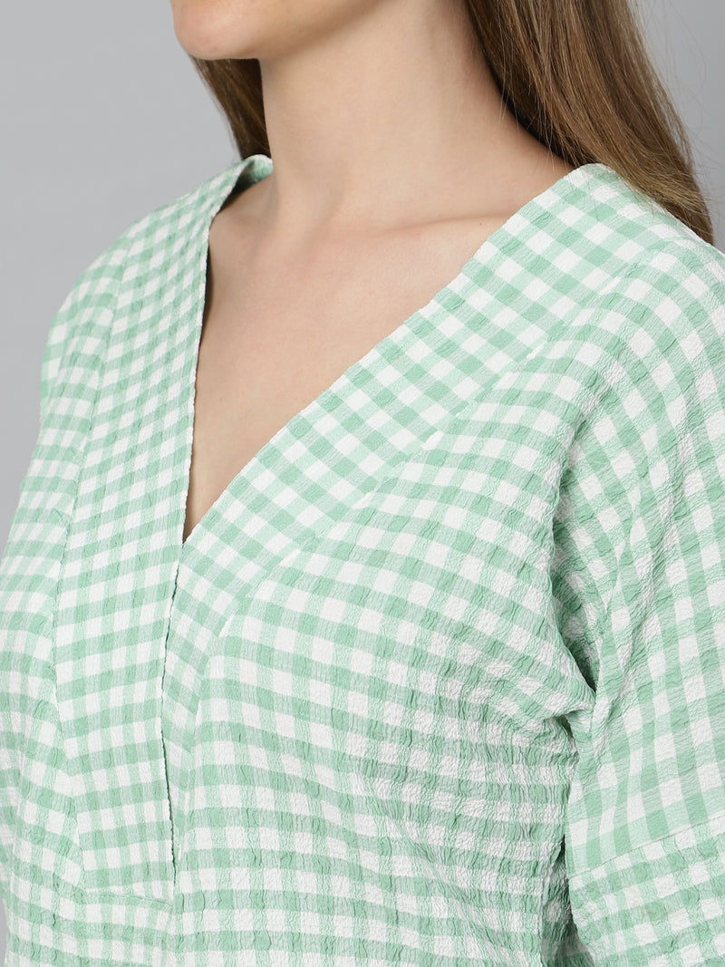 Sea & Mast - Regular Fit Checkered Poly Blend Tunic Short Kurti, V-Neck, Waist Length, Light Green