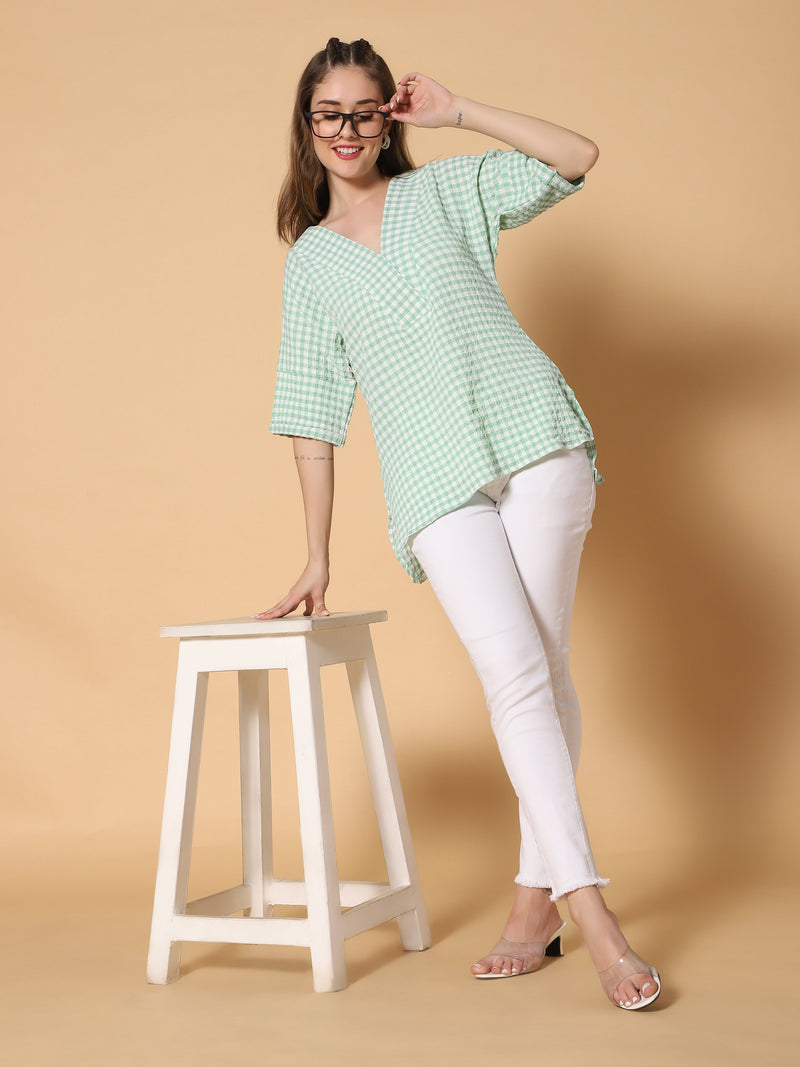 Sea & Mast - Regular Fit Checkered Poly Blend Tunic Short Kurti, V-Neck, Waist Length, Light Green, Plus Size