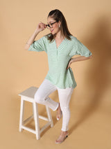 Sea & Mast - Regular Fit Checkered Poly Blend Tunic Short Kurti, V-Neck, Waist Length, Light Green, Custom