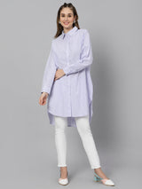 Sea & Mast - Regular Fit Striped Cotton Blend Shirt Kurti, Collared Button Closure Mid Thigh Length, Light Purple