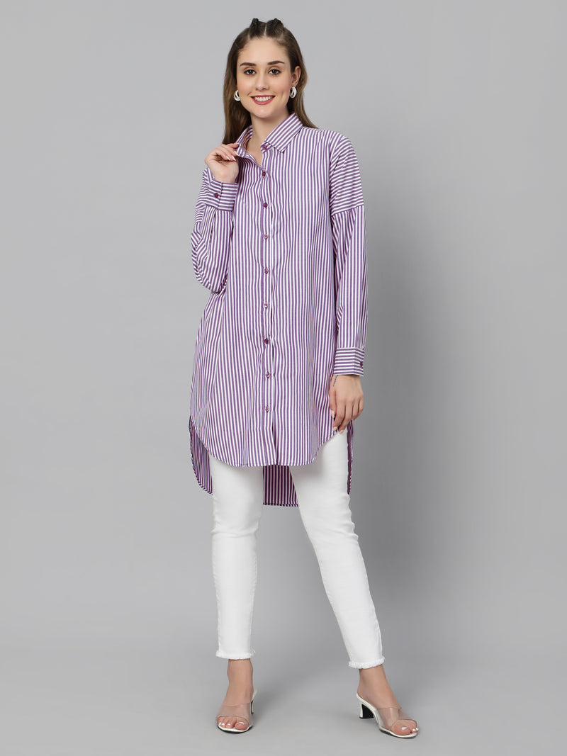 Sea & Mast - Regular Fit Striped Cotton Blend Shirt Kurti, Collared Button Closure Mid Thigh Length, Purple