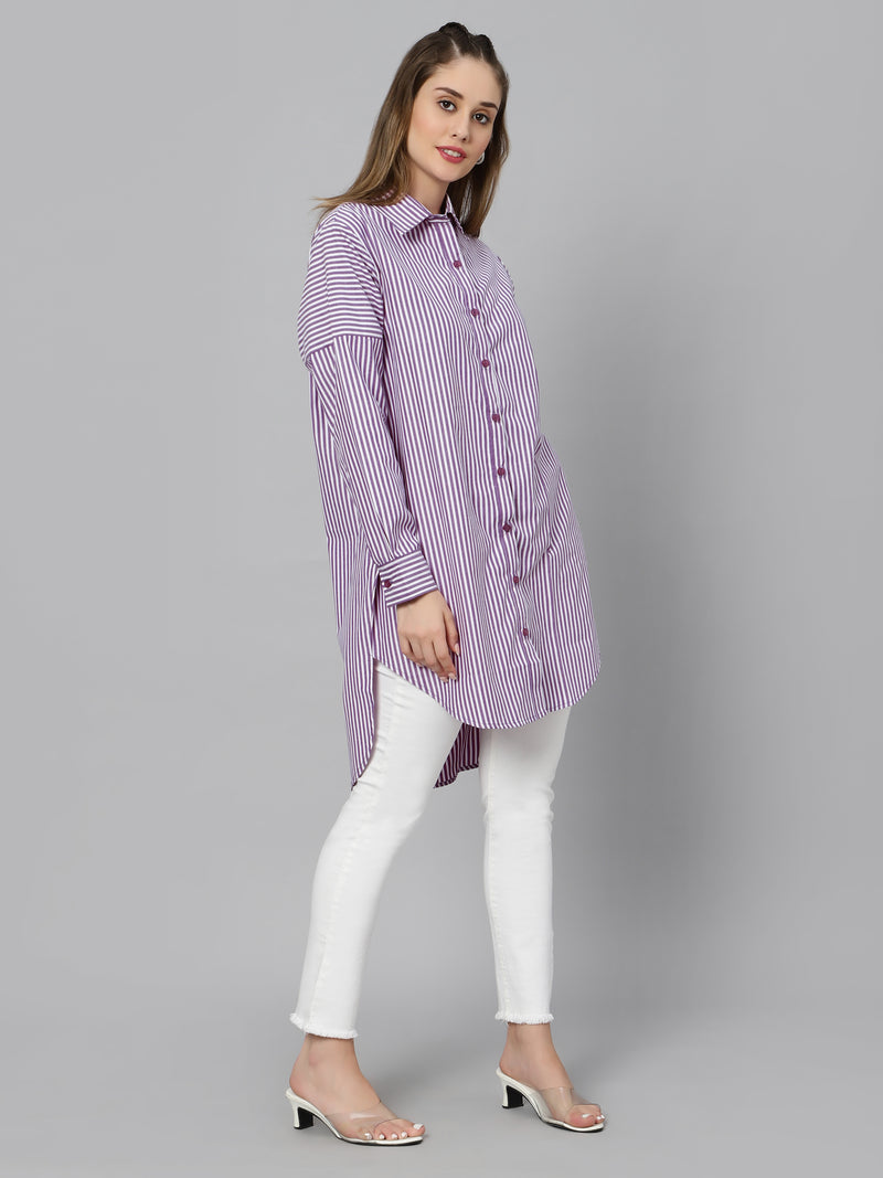 Sea & Mast - Regular Fit Striped Cotton Blend Shirt Kurti, Collared Button Closure Mid Thigh Length, Purple