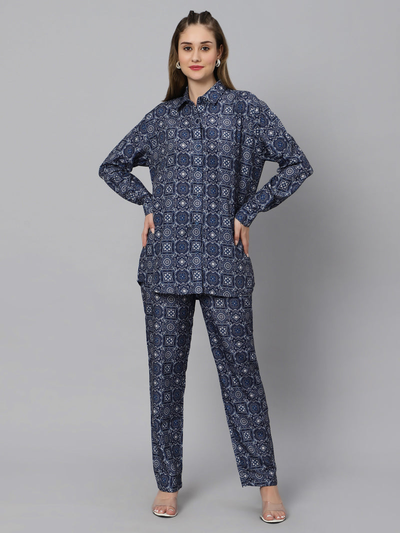 Sea & Mast - Regular Fit Geometric Print Cotton Cord Set, Collared Button Closure Waist Length With Elasticated Waist Pant, Navy, Plus Size