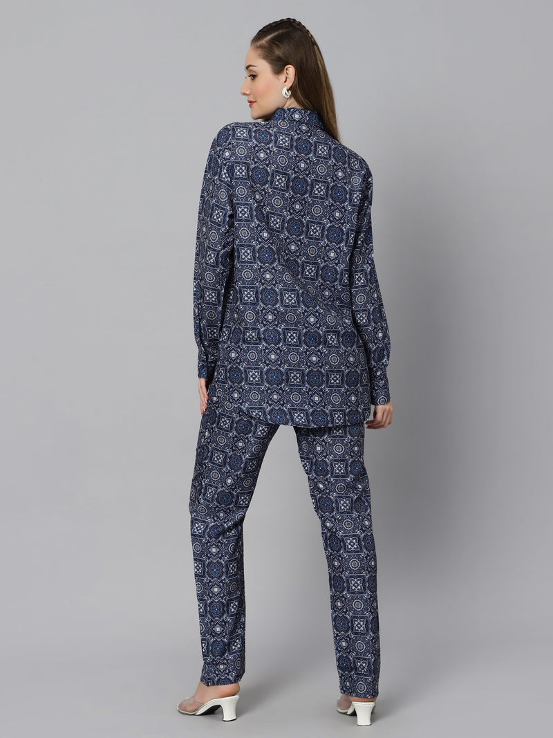 Sea & Mast - Regular Fit Geometric Print Cotton Cord Set, Collared Button Closure Waist Length With Elasticated Waist Pant, Navy, Plus Size