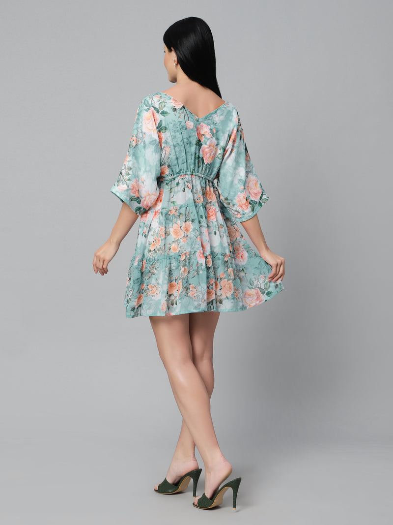 Sea & Mast - Relaxed Fit Floral Georgette Flare Dress, V- Neck Elasticated Mid Thigh Length, Light Green
