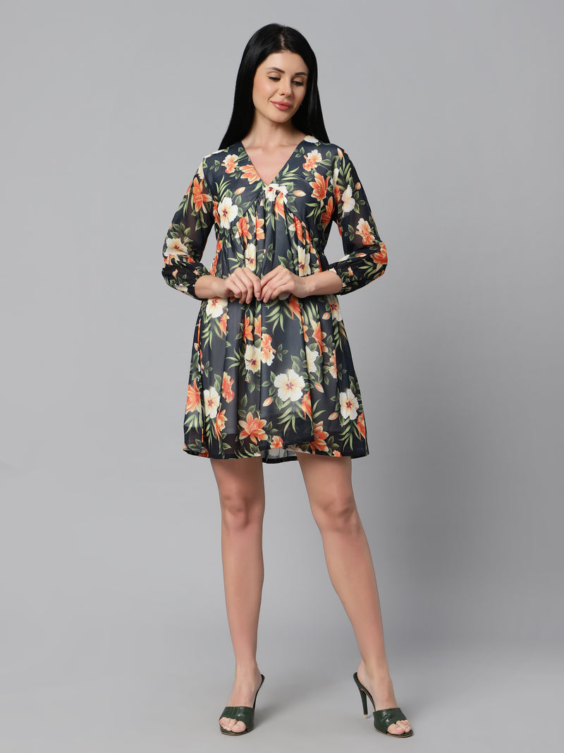 Sea & Mast - Regular Fit Floral Georgette Flare Dress, V- Neck Mid Thigh Length, Black