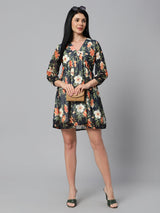 Sea & Mast - Regular Fit Floral Georgette Flare Dress, V- Neck Mid Thigh Length, Black