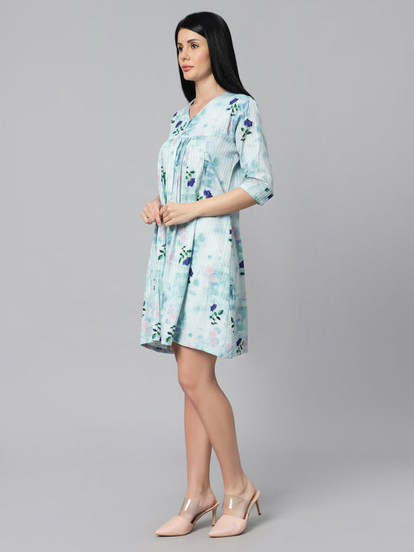 Sea & Mast - Regular Fit Floral Gathered Cotton Blend Flare Dress, V- Neck Knee Length, Light Blue