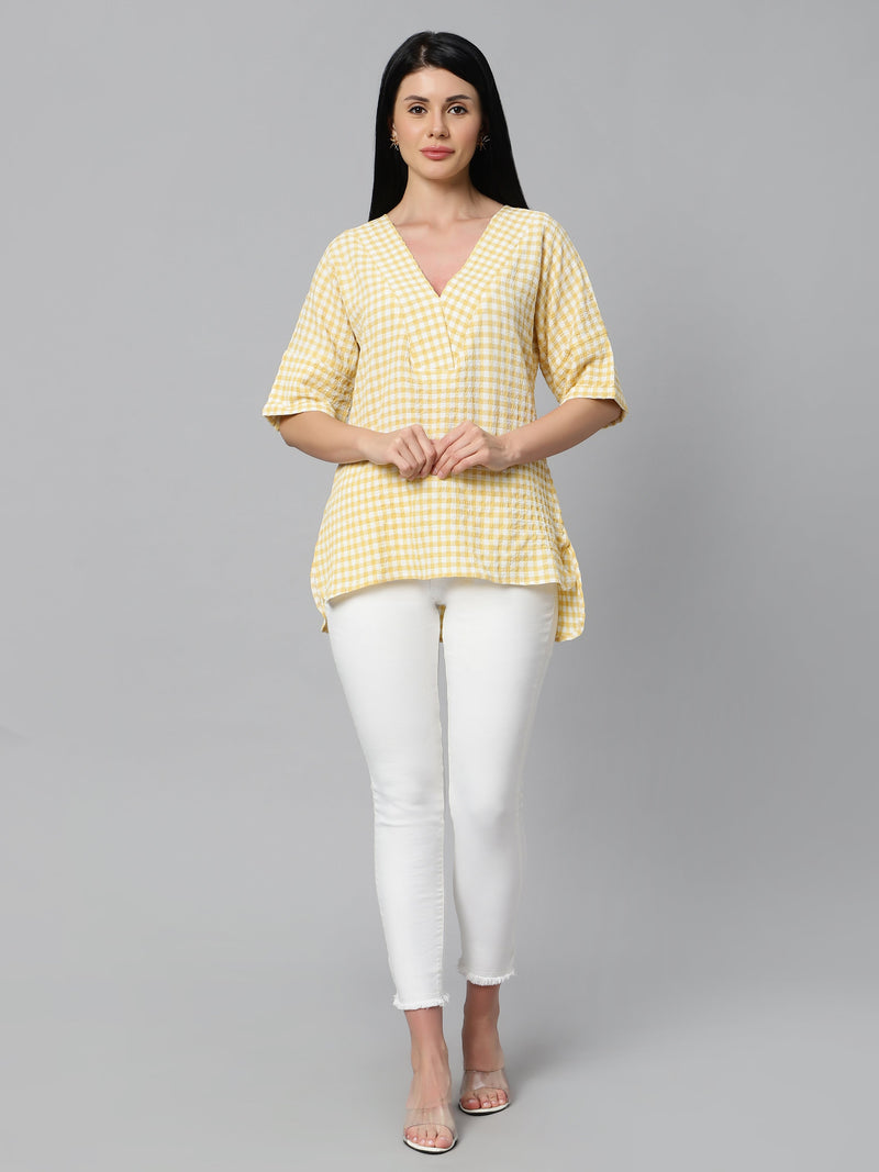 Sea & Mast - Regular Fit Checkered Poly Blend Tunic Short Kurti, V-Neck, Waist Length, Light Yellow, Custom